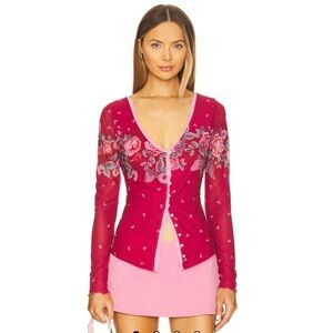 Free People Home Grown Cardi Magenta Combo mesh pink red floral large new NWT